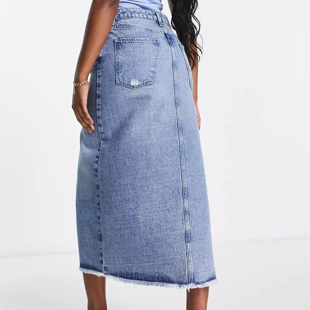 ASOS Miss Selfridge denim midi skirt in mid wash